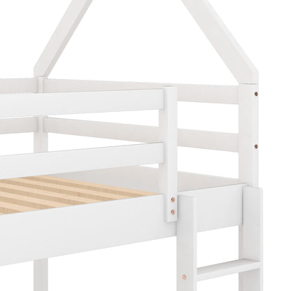 LOSTCAT House-Shaped Twin Over Twin Low Bunk Bed Frame in White – Solid Pine Wood with Safety Guardrail & Ladder - WoodArtSupply