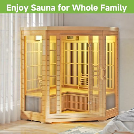 RESTISLAND Infrared Sauna Room for Home, 4 Person Indoor Home Sauna Spa, Far Infrared Canadian Wooden Corner Saunas with 10 Low Emf Heaters, Bluetooth Speakers, 7 Color Chromotherapy Lights RESTISLAND