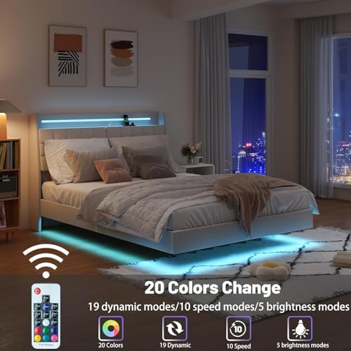 bzbbzc Floating King Size Bed Frame with RGB LED Lights & Charging Station, Upholstered Platform Bed with Hidden Storage Headboard & Shelves, Noise Free, Heavy Duty Frame, Beige bzbbzc