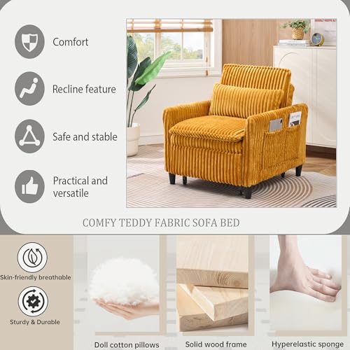 Majnesvon Modern Corduroy Fabric Sofa Bed Futon, 3 in 1 Convertible Pullout Bed Sleeper Couches with 3 Reclining Backrests, Small Sofa Chair Bed for Living Room Bedroom (Yellow) Majnesvon