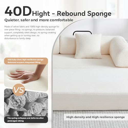 QQR Convertible Folding Mattress Couch, 5-in-1 Futon Sofa with Armrests, Sleeper Mattress Sofa Bed Comfy Fold Out Bed for Living Room, Bedroom, Lounge,Guest, Office (Beige White) QQR