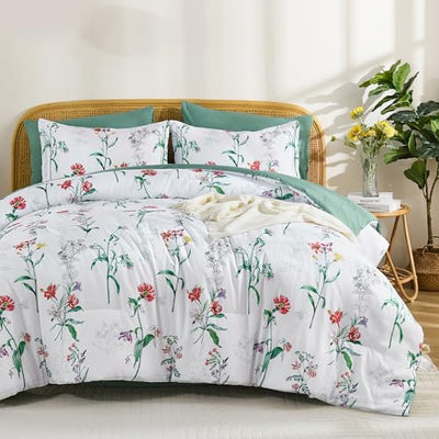 Drucon Comforter Set King Size, 7 Pieces White Green Floral Botanical Comforter Sets, Reversible Bed in a Bag Soft Lightweight Microfiber Bedding Sets for All Seasons (90"x104")