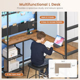 MSmask Full Size Loft Bed with 7 Storage Drawers, Large 2-Cube Bookshelf, L Desk & Charging Station, Metal Loft Bed with LED Lights & Open Shelf, Bed with Safety Guardrail & Ladders, Rustic Brown MSmask