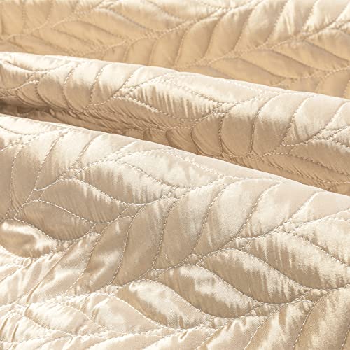 Whale Flotilla Silky Soft Satin Quilt King Size, Luxury Reversible Lightweight Bedspreads Covelets for All Seasons, Leaf Stitched Pattern Bedding Set with Satin Pillowcases, Champagne Whale Flotilla