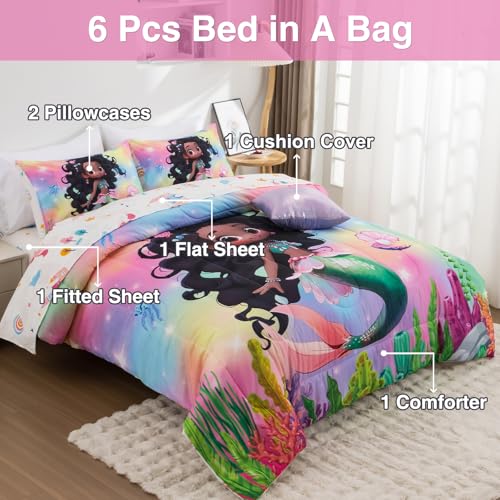 A Nice Night 6pcs Comforter Set,Black Girl Princess Mermaid with Green Tail Printed,Pink Gradient Glitter Rainbow Background Kids Bedding Set,Twin A Nice Night