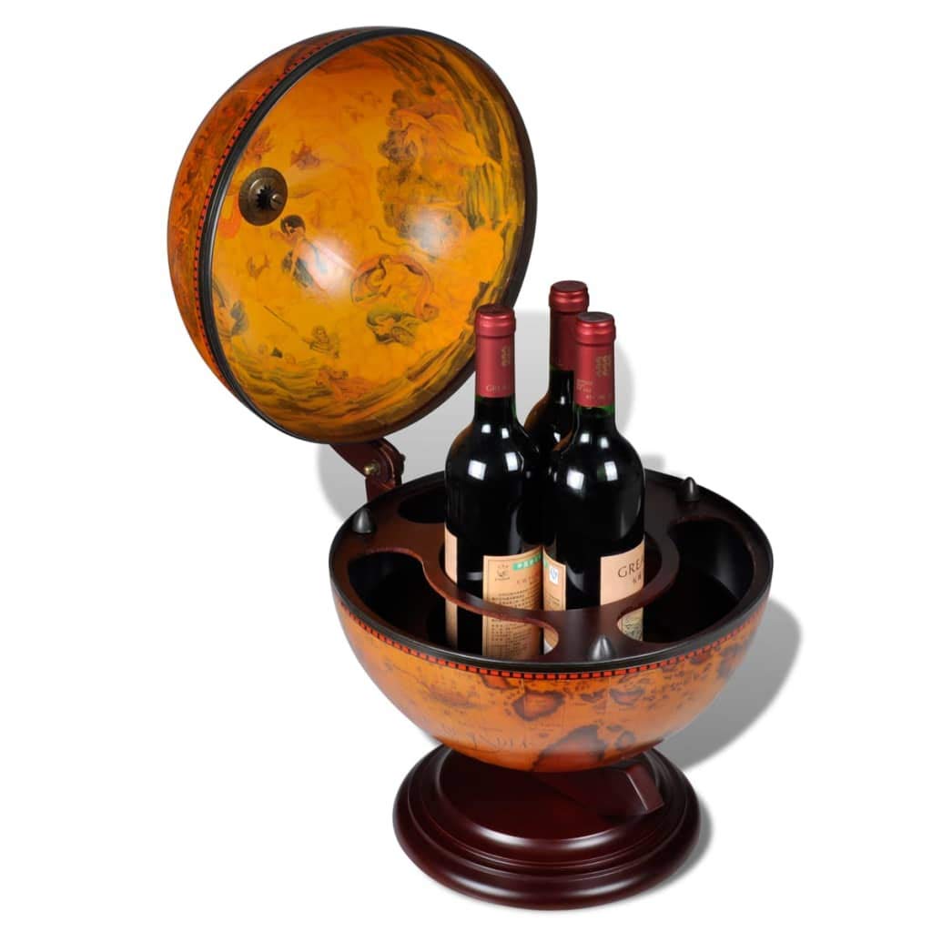 vidaXL Eucalyptus Wood Wine Stand - Rotatable Tabletop Globe Bar with 16th Century Nautical Maps & Antique Frescoes - Brown Farmhouse Style for Home/Office - WoodArtSupply