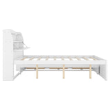 MERITLINE LED Platform Bed with Trundle, Drawers, and Bookcase Headboard - White Full Size Frame with USB Ports MERITLINE