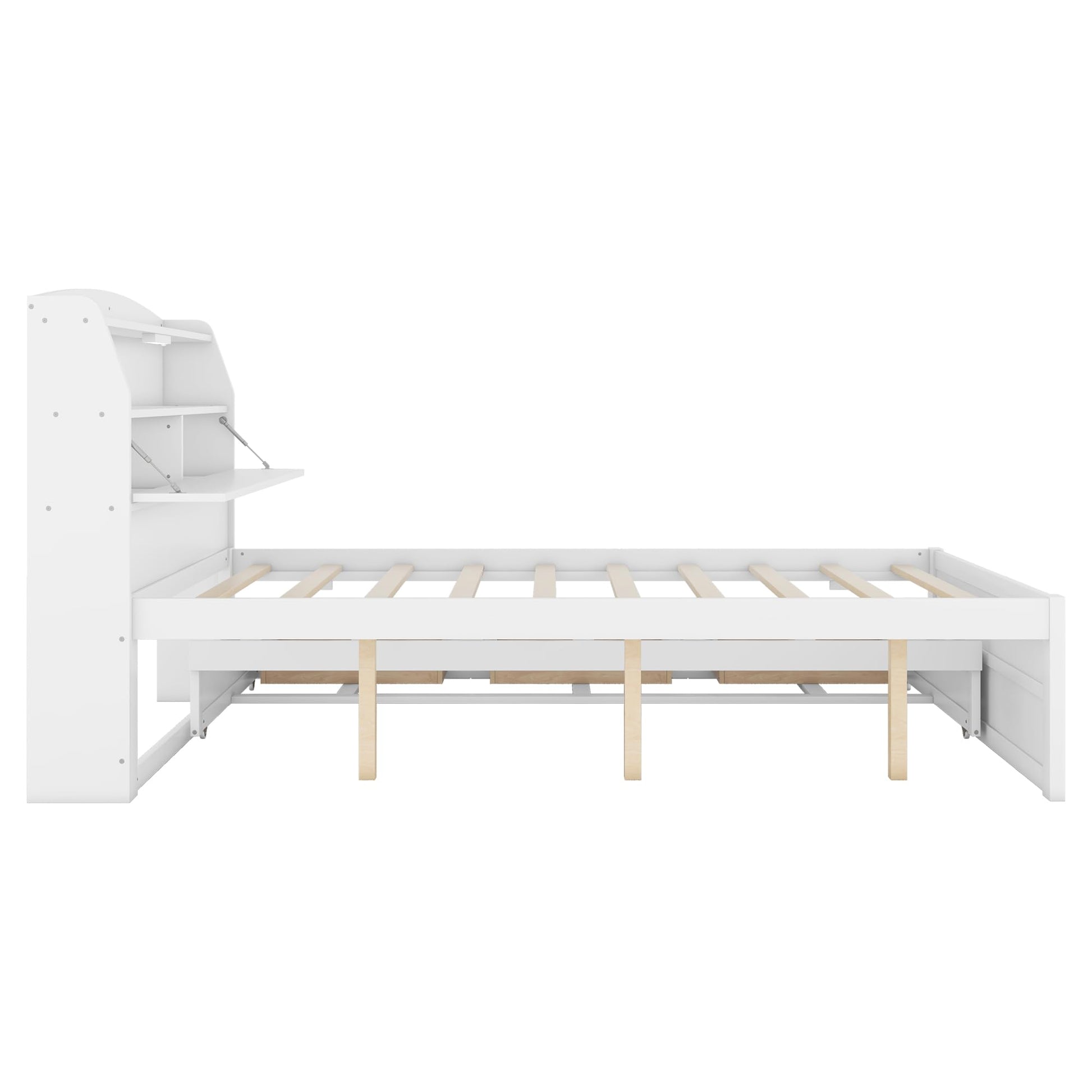 MERITLINE LED Platform Bed with Trundle, Drawers, and Bookcase Headboard - White Full Size Frame with USB Ports - WoodArtSupply