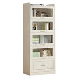 LITFAD Modern White Wooden Bookcase with Glass Doors & Drawer for Minimalist Storage LITFAD