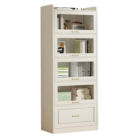 LITFAD Modern White Wooden Bookcase with Glass Doors & Drawer for Minimalist Storage LITFAD