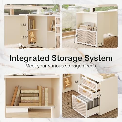 ModernMate 63" Standing Desk with File Cabinet, Privacy Panel, AC/USB, 1.18" Desktop, Executive L Shaped Height Adjustable Desk, Electric Stand Up Table with 3 Drawers, White Rattan ModernMate