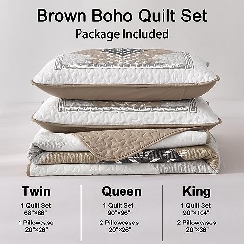 Dintszyayue Brown Boho Quilt Set Queen,3 Pieces Aztec Texture Quilt with 2 Pillowcases,Bohemian Geometric Bedspread Bedding Set Microfiber Quilted Coverlet Set for All Seasons Queen Size(90"×96") Dintszyayue