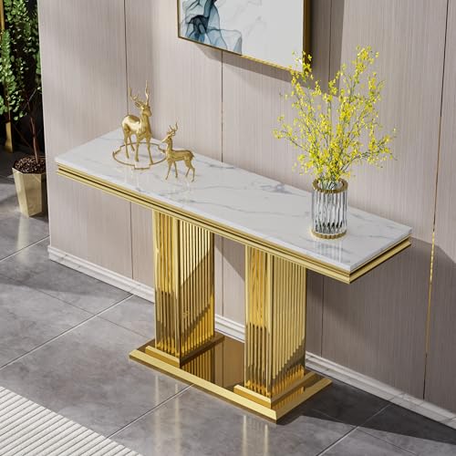Goderfuu 47" White Marble Console Table, Rectangular Faux Marble Sofa Table, Luxury Entryway Narrow Long Hallway, Modern Living Room With Gold Stainless Steel I-Base Goderfuu