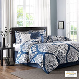 Madison Park Vienna Sateen Cotton Comforter Set, Breathable, Soft Cover, Trendy, All Season Down Alternative Cozy Bedding with Matching Shams, King, Indigo 7 Piece Madison Park