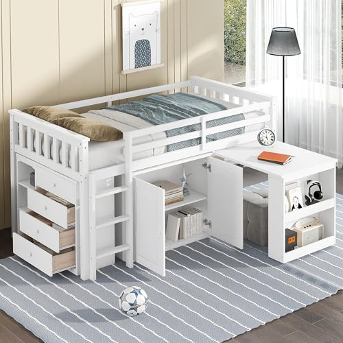 VilroCaz Twin Size Low Loft Bed with Pulling-Out Desk and Storage Cabinets, Multiple Functions Wooden Loft Bed Frame with Storage Shelves and Drawers for Kids Teens Boys Girls (White-1.16) VilroCaz