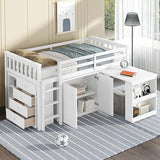 VilroCaz Twin Size Low Loft Bed with Pulling-Out Desk and Storage Cabinets, Multiple Functions Wooden Loft Bed Frame with Storage Shelves and Drawers for Kids Teens Boys Girls (White-1.16) VilroCaz
