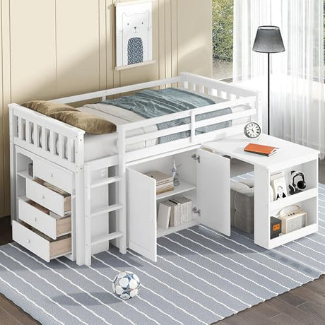 VilroCaz Twin Size Low Loft Bed with Pulling-Out Desk and Storage Cabinets, Multiple Functions Wooden Loft Bed Frame with Storage Shelves and Drawers for Kids Teens Boys Girls (White-1.16) VilroCaz