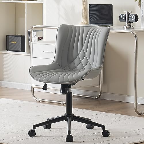 YOUNIKE Office Chair, Armless Desk Chair with Wheels, Adjustable Swivel Rolling Home Office Computer Task Chairs, Modern Faux Leather Upholstered Vanity Chair, Grey YOUNIKE