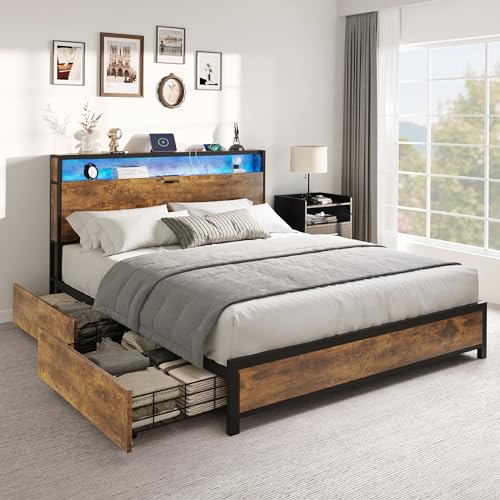 YITAHOME Queen Size Bed Frame with LED Lights, Charging Station & Storage Headboard, 4 Drawers Included - WoodArtSupply