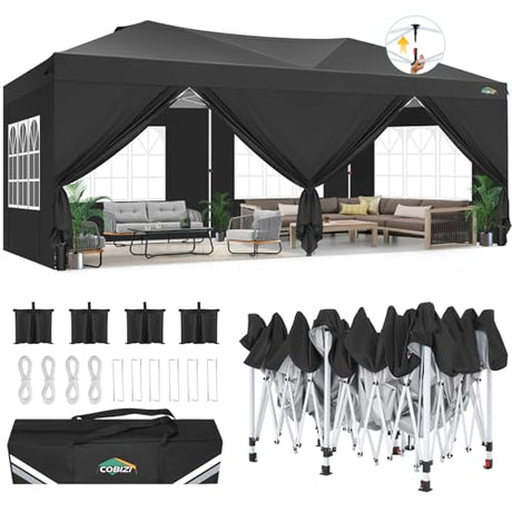 COBIZI Canopy 10x20 Pop Up Canopy Tent with 6 Sidewalls, One Push Party Tents for Parties Outdoor Wedding Waterproof Gazebo Commercial Event Tent with Sandbags, Black COBIZI