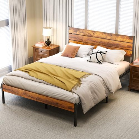 OLIXIS Queen Size Bed Frame with Headboard, 800LBS Mattress Foundation with All Sturdy Metal Support, Under Bed Storage, No Box Spring Needed, Easy Assembly, Rust Brown OLIXIS