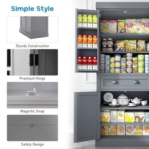 Squireewo 72" Freestanding Kitchen Pantry Storage Cabinet with Doors and 6 Hanging Shelves,Storage Cupboard with Large Drawer for Kitchen,Bathroom or Hallway, Grey - WoodArtSupply