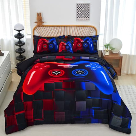 PERFEMET 6 Pieces Kids Comforter Sets Twin Size Red and Blue Game Console Bedding Set for Boys Girls Soft Fluffy 3D Cool Teen Gamer Bed in A Bag for All Seasons(Red Blue, Twin) PERFEMET