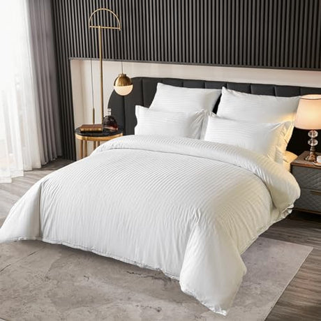 Amolavet Hotel Bedding Duvet Cover King Size Cotton White Satin Pin Striped Textured with Zipper - Duvet Cover King 3 Pcs Set 104x90 - Comforter Cover/Quilt Cover King Size Amolavet