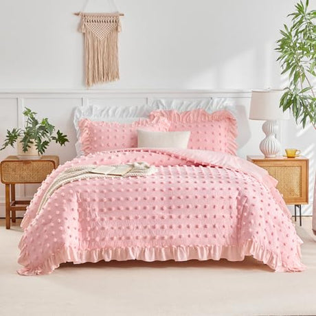 Flysheep Tufted Dots Ruffle Comforter Set Twin Size, 3 Pieces Pink Vintage Farmhouse Shabby Chic Comforters, Jacquard Boho Bohemian Bedding Set for Girls (1 Ruffled Comforter+ 2 Pillow Shams) Flysheep