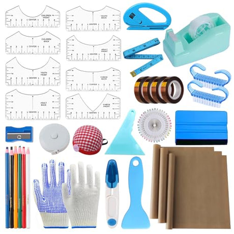 XEUZK Sublimation Shirts Tool Kits With 8 T Shirt rulers, 3Pack Teflon Sheet for Heat Press 12*16in, Heat Resistant Gloves With Silicone Bumps, 2 Rolls Heat Resistant Tape & Sublimation pencil (Blue) XEUZK
