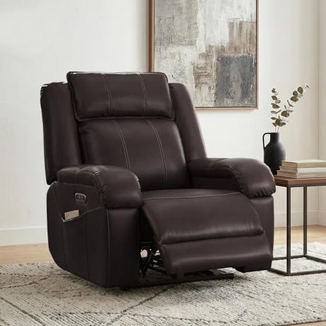 SITJOY Pet Friendly Leather Power Recliner Chair, Zero Wall Hugger RV Recliners with Power Headrest, Charging Ports, Side Pockets, Down-Filled, Scratch Resistant Waterproof Faux Leather in Dark Brown SITJOY