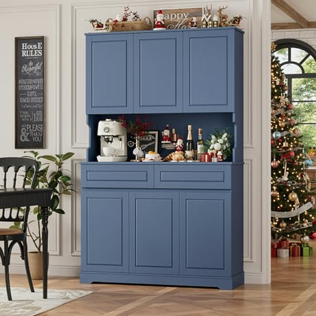FACBOTALL 74" Pantry Cabinet, Tall Kitchen Pantry Cabinet with 6 Doors and 2 Drawers, Kitchen Hutch with Wide Countertop, Modern Kitchens Cupboard with Adjustable Shelves and Charge Holes, Blue FACBOTALL