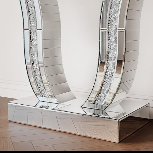 43" Mirrored Console Tables, Modern Silver Entryway Sofa Table with Curved Stone-Inlaid Legs for Living Room, Modern Luxury Accent Table, Hallway Foyer Table, Silver JIJIWANG