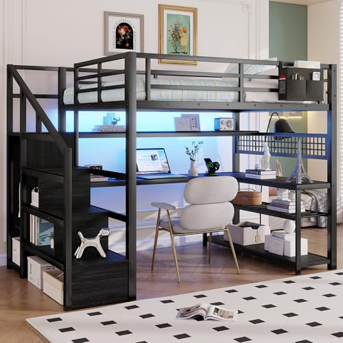 Mirightone Full Size Loft Bed with Desk & Stairs, Heavy-Duty Metal Loft Beds with Upper Shelves & Wardrobe, High Loft Bed Frame with LED and Charging Station for Boys, Girls and Teens (Black) Mirightone