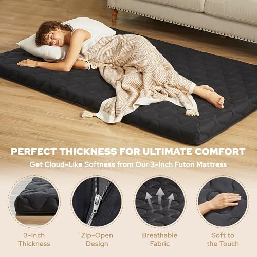 Japanese Floor Mattress, Futon Mattress Full Size 3" Thick Portable Sleeping Pad with High Density Foam, Foldable & Comfortable Tatami Mat for Adult, Roll Up Lounger Camping Bed, Gray BEDLORE