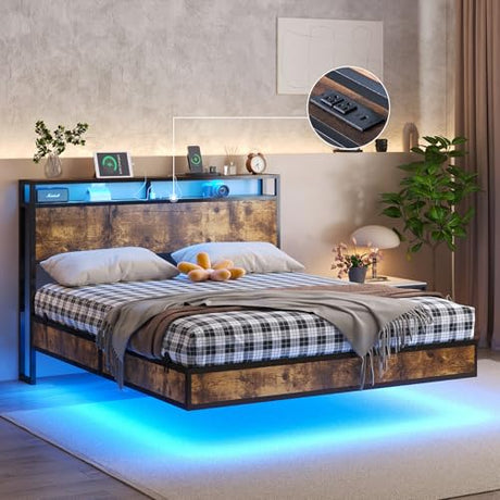 LUXOAK Queen Size LED Floating Bed Frame with Charging Station, RGB Smart Storage Headboard Platform Bed with Type-C & USB Port,Rustic Brown LUXOAK