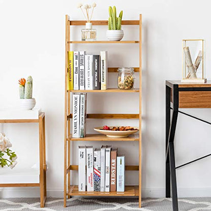 COSTWAY 47.5'' Bamboo Ladder Shelf, Multifunctional Plant Flower Display Stand, Storage Rack, Bookcase Bookshelf Natural (4 Tier)