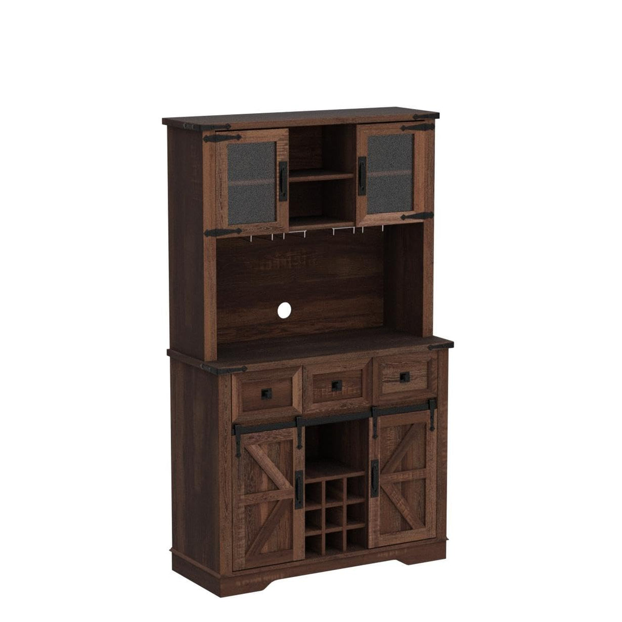 OKD 72" Farmhosue Bar Cabinet with Sliding Barn Door, Large Kitchen Buffet with Hutch w/Wine & Glasses Rack, 3 Drawers, 12 Storage Shelves, Rustic Coffee Bar Sideboard Table, Reclaimed Barnwood OKD