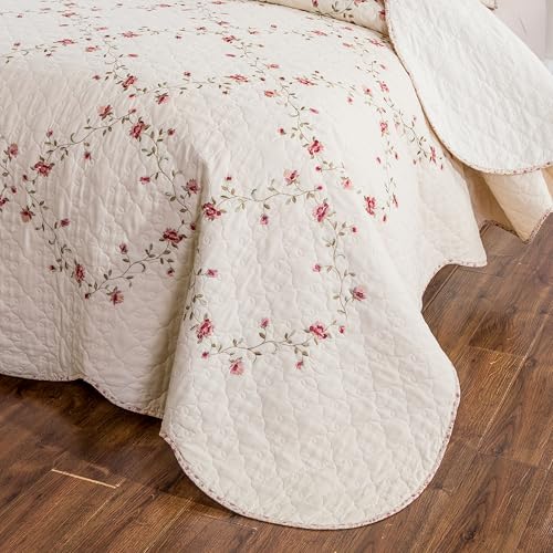 Quilt Set Classical 3D Floral Embroidery Pattern 3-Piece Cotton Reversible Quilted Embroidered Decorative Bedspreads Coverlet Bedding Set, Lightweight &Soft,Beige,King Size ROOMLIFE