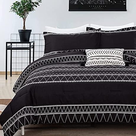 WONGS BEDDING Black Comforter Set King Size (104"x 90"), Reversible Boho Striped Bedding Set for King Bed - 3 Pieces (1 Comforter + 2 Pillowcases), Soft Microfiber Down Alternative WONGS BEDDING