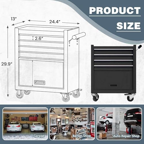 SumKea 4-Drawer Rolling Tool Chest, 24.26" Cabinet with 4 Wheels Tool Chest with Drawers, Suitable for Garages, Warehouses, Workshops, Repair Shops, Black - WoodArtSupply