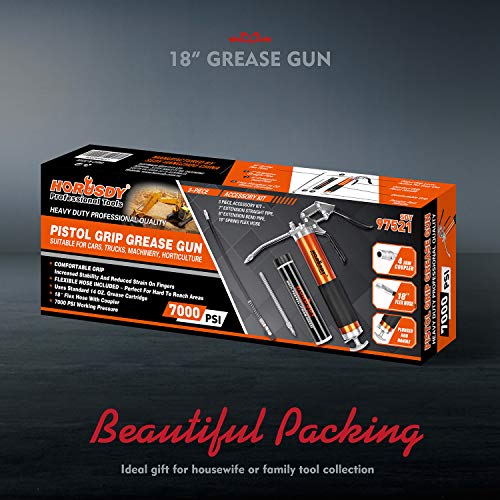 HORUSDY Heavy Duty Grease Gun with 14oz Grease Tubes | Grease Gun Flexible Hose | 7000 PSI | 18 Inch Spring Flex Hose | 2 Working Coupler | 2 Extension Rigid and 1 Sharp Type Nozzle Included HORUSDY