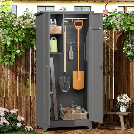 GREATMEET 72.8" Outdoor Broom Storage Cabinet, Waterproof Outdoor Narrow Storage Shed, Metal Storage Cabinets for Cleaning Supplies with Slanted Roof, Utility Closet, Broom Mop Storage Cabinet, Grey GREATMEET