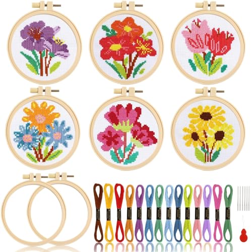 ZOIIWA 6PCS Spring Themed Flower Cross Sewing Kits for Beginners Flower DIY Embroidery Kit for Kids Adults Party Birthday Christmas Gift Needlepoint Patterns with 2 Embroidery Hoops Craft Supplies