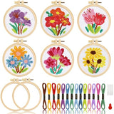 ZOIIWA 6PCS Spring Themed Flower Cross Sewing Kits for Beginners Flower DIY Embroidery Kit for Kids Adults Party Birthday Christmas Gift Needlepoint Patterns with 2 Embroidery Hoops Craft Supplies