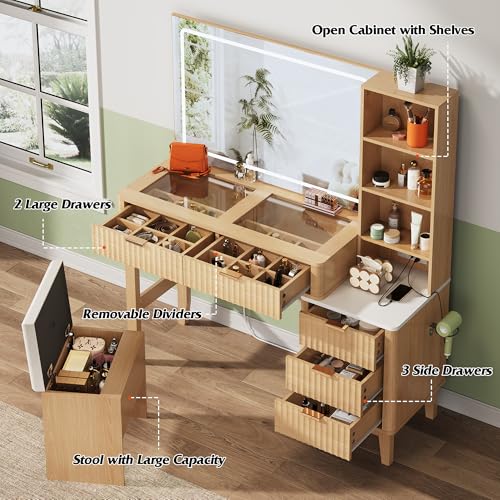 WLIVE Vanity Table with Large LED Mirror & Charging Station – Luxury Makeup Vanity Desk with 5 Drawers, Glass Top and Adjustable Lighting, Oak WLIVE