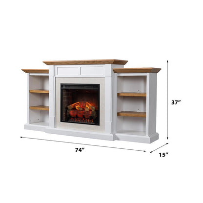 Country Living Belhaven 74 Inch Bookcase Mantel Package | 23 Inch Smart Electric Fireplace Insert Heater w/Remote | Warm Walnut Shelving | Marble or White Trim | Alexa & Google | Multi-Color Flames