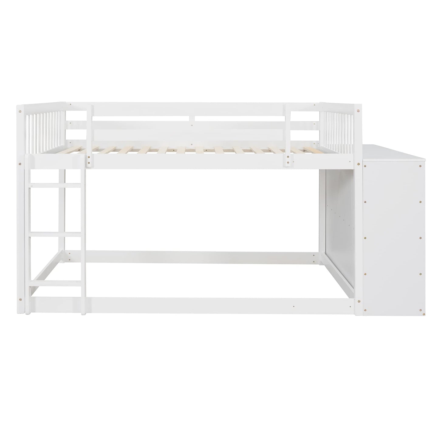 White Full Over Full Bunk Beds with Storage, Wooden Floor Bunk Beds with 4 Drawers & 3 Shelves, Low Bunk Bed Frame with Movable Cabinets, Full Loft Bed for Kids, Girls Boys, Teens, Adults