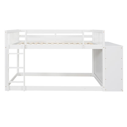 White Full Over Full Bunk Beds with Storage, Wooden Floor Bunk Beds with 4 Drawers & 3 Shelves, Low Bunk Bed Frame with Movable Cabinets, Full Loft Bed for Kids, Girls Boys, Teens, Adults