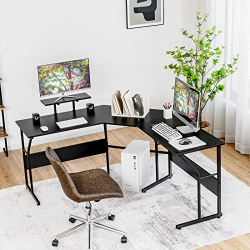 Tangkula L-Shaped Reversible Computer Desk, 2 Person Long Computer Workstation w/Movable Monitor Stand, Large Home Office Corner Desk for Working Writing Gaming (Black) - WoodArtSupply